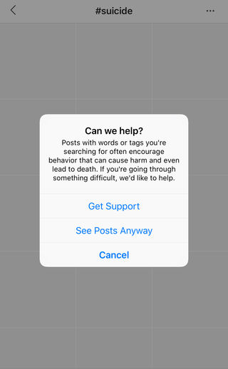 Meaghan Mobbs, Screenshot, Open Source, Seach #suicide, Instagram, 28 August 2018