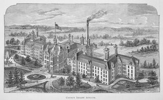 engraving-The County Insane Asylum in Milwaukee, Wisconsin, designed by E. Townsend Mix./James Steakley, History of Milwaukee, Wisconsin (Chicago: Western Historical Company, 1881), p. 1637/Wikimedia Commons