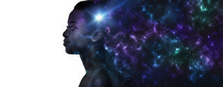  1794403555 Universe inside us. Black woman profile with galaxy illustration over white background, panorama with copy space