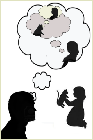 Graphic showing a man looking at a girl holding a cat, with thought bubbles