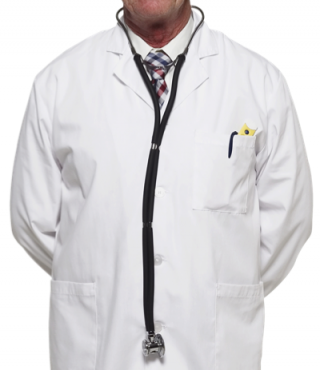 A doctor in white lab coat with stethoscope