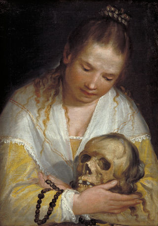 "Young Woman Contemplating a Skull," by Alessandro Casolani, Wikimedia, Public Domain