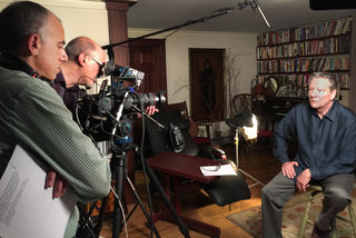 Academy Award winning actor Chris Cooper (right) records narration for the new documentary film Intelligent Lives (working title), directed by Dan Habib of the UNH Institute on Disability (left).  Cameraman Steven Ascher is at center. Photo copyright Dan Habib/UNH Institute on Disability