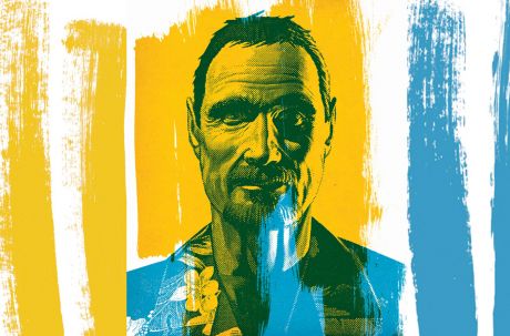 John McAfee and yellow and blue paint smears