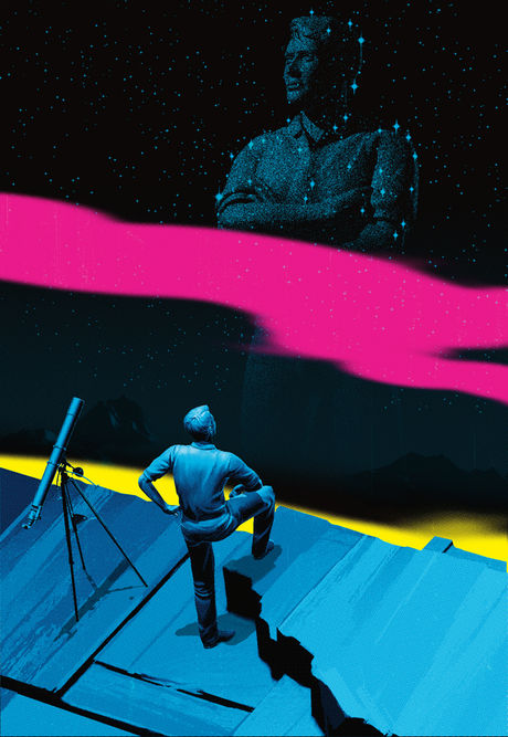 Man on a roof with telescope looking at constellation of himself