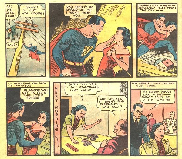 In her final appearance in that first story, Lois still isn't looking directly at Clark.