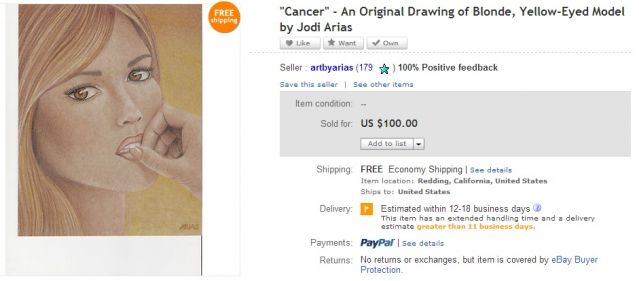 An eBay page of one of Arias' drawings An eBay page of one of Arias' drawings