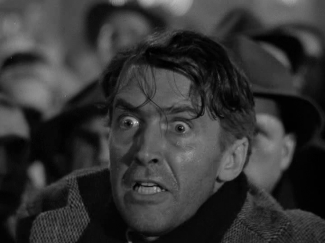 close-up Jimmy Stewart as George Bailey in 'It's a Wonderful Life', desperate