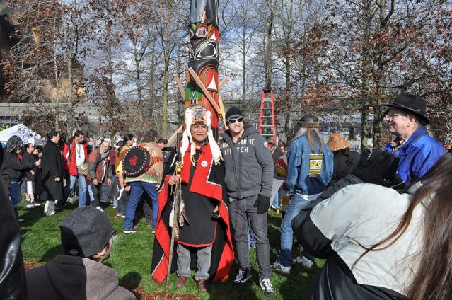 John T. Williams Memorial Totem Pole, Seattle Center, February 26, 2012 shortly after it was raised. John T Williams totem