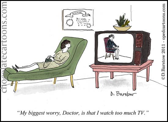 woman tells her therapist that she watches too much tv, and the therapist is on the channel woman in cartoon watches her therapist on TV