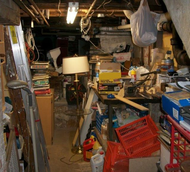 A cluttered basement. An image of clutter