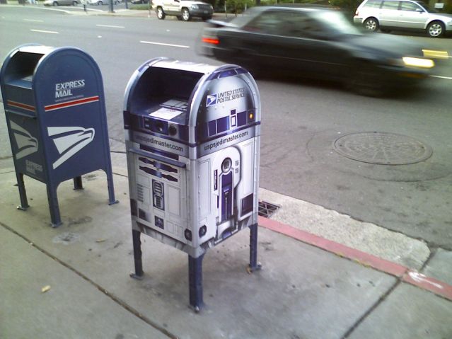 R2-D2 styled mailbox. From Wikimedia Commons. R2-D2 styled mailbox