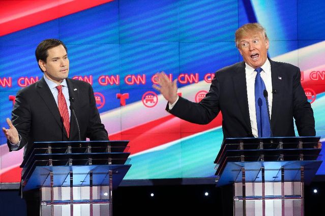 Republican presidential candidates, Sen. Marco Rubio (R-FL) and Donald Trump argue during the Republican presidential debate at the Moores School of Music at the University of Houston on February 25, 2016 in Houston, Texas. The debate is the last before the March 1 Super Tuesday primaries. (Photo by Michael Ciaglo-Pool/Getty Images) Republican presidential candidates, Sen. Marco Rubio (R-FL) and Donald Trump argue during the Republican presidential debate at the Moores School of Music at the University of Houston on February 25, 2016 in Houston, Texas. The debate is the last before the March 1 Super Tuesday primaries. (Photo by Michael Ciaglo-Pool/Getty Images)