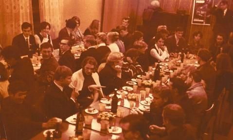 This photograph shows a banquet held after a performance of “Arkhimed.” The photograph also comes from the private archive of M. A. Lebedeva.