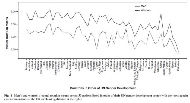 From Lippa, R. A., Collaer, M. L., & Peters, M. (2010). Sex differences in mental rotation and line angle judgments are positively associated with gender equality and economic development across 53 nations. Archives of Sexual Behavior, 39, 990-997.
