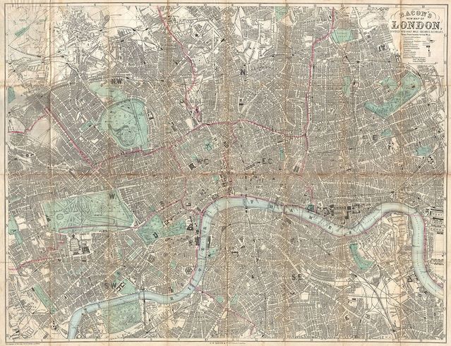 "Bacon's New Map of London Divided into Half Mile Squares & Circles" by George Washington Bacon, from Wikimedia Commons. "Bacon's New Map of London Divided into Half Mile Squares & Circles" by George Washington Bacon, from Wikimedia Commons.